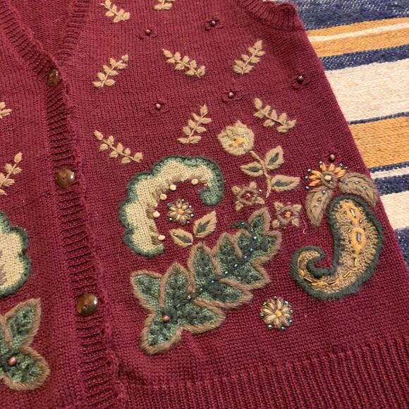 Vintage Knit Sweater Vest Koret 90s Granny Boho Retro Cottagecore Small Burgundy - Picture 2 of 5